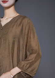 Style Chocolate V Neck Embroideried Silk Tops Bracelet Sleeve