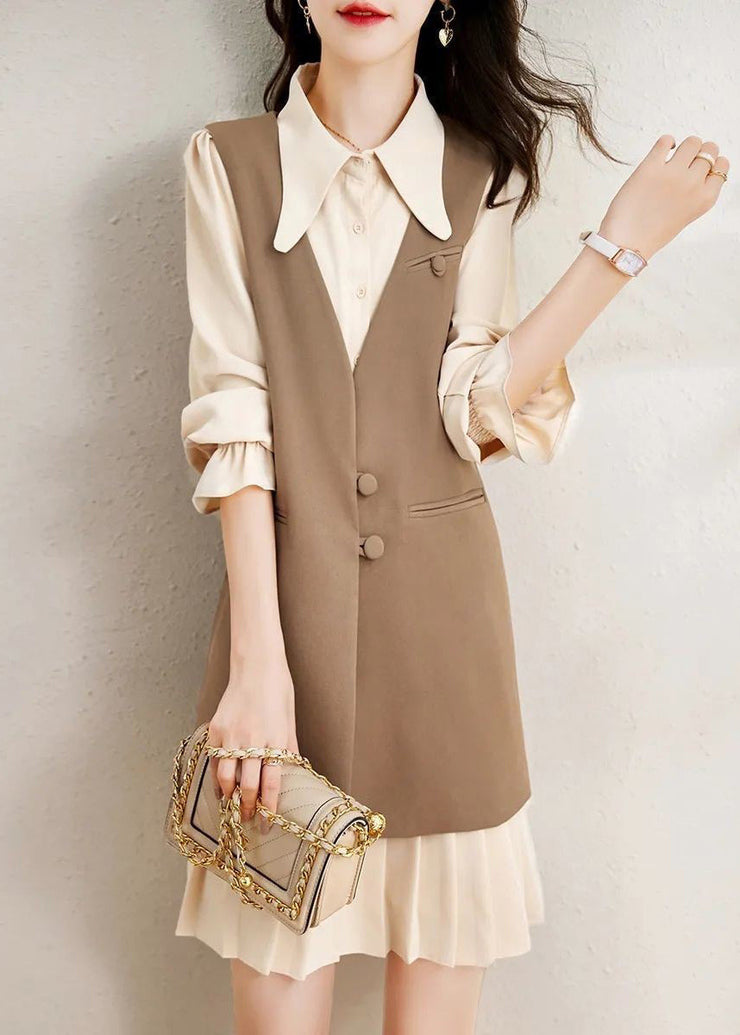 Style Coffee Button Patchwork Waistcoat Dnd Dresses Two Piece Set Fall