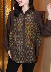 Style Chocolate Colour Peter Pan Collar Print Button Silk Linen Shirts Long Sleeve