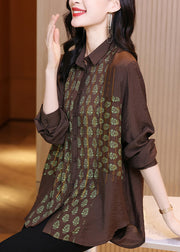 Style Chocolate Colour Peter Pan Collar Print Button Silk Linen Shirts Long Sleeve