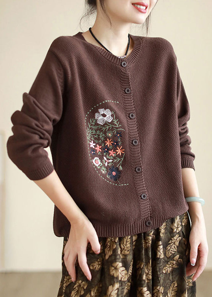 Style Coffee Embroidered Button Patchwork Knitting Coats Fall