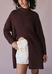 Style Coffee High Neck Side Open Knitwear Dress Fall