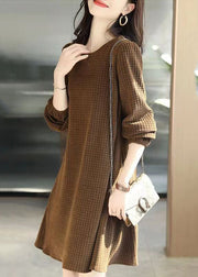 Style Coffee Plaid Patchwor Sashes Mid Dress Fall