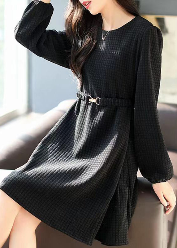 Style Coffee Plaid Patchwor Sashes Mid Dress Fall