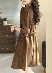 Style Coffee Plaid Patchwor Sashes Mid Dress Fall