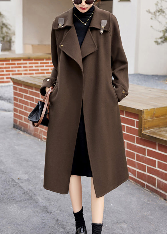 Style Coffee Pockets Patchwork Cashmere Woolen Long Coats Fall