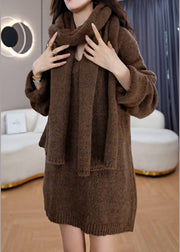 Style Coffee V Neck Oversized Knit Sweater Dress Winter