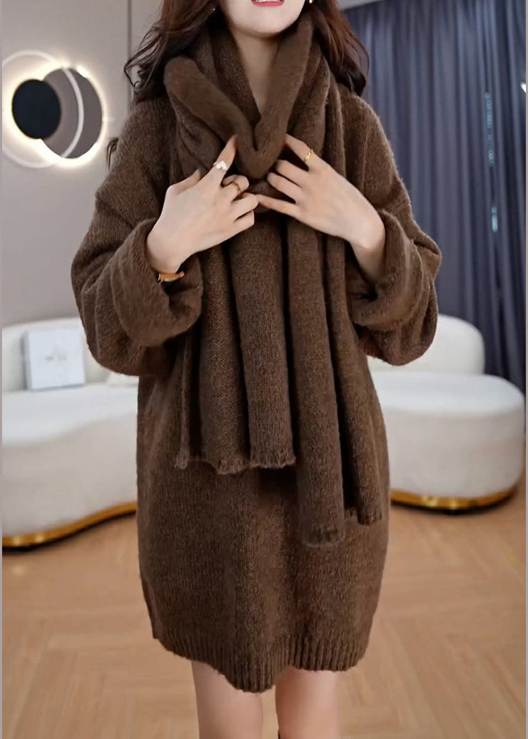 Style Coffee V Neck Oversized Knit Sweater Dress Winter