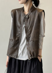 Style Coffee Zip Up Faux Leather Vest Tops Sleeveless