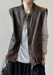 Style Coffee Zip Up Faux Leather Vest Tops Sleeveless