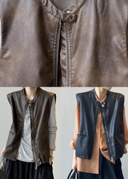 Style Coffee Zip Up Faux Leather Vest Tops Sleeveless