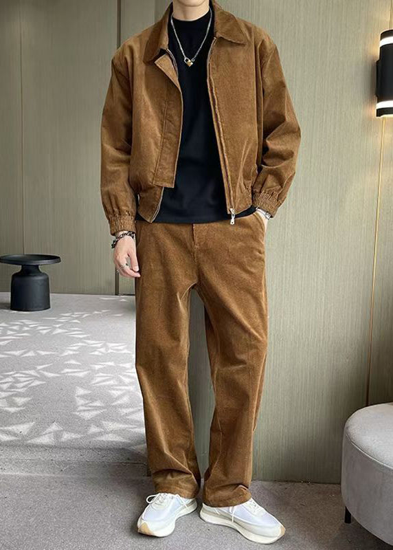 Style Coffee Zip Up Pockets Corduroy Mens Two Pieces Set Fall