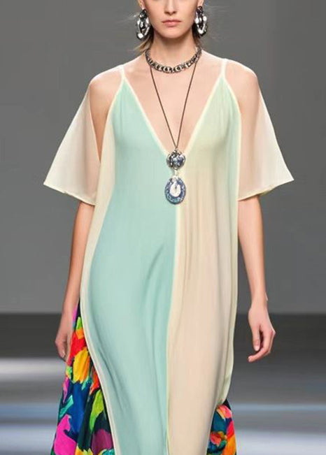 Style Colorblock Asymmetrical Patchwork Chiffon Dress Summer