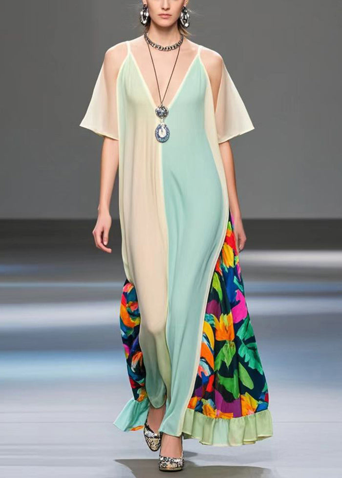 Style Colorblock Asymmetrical Patchwork Chiffon Dress Summer