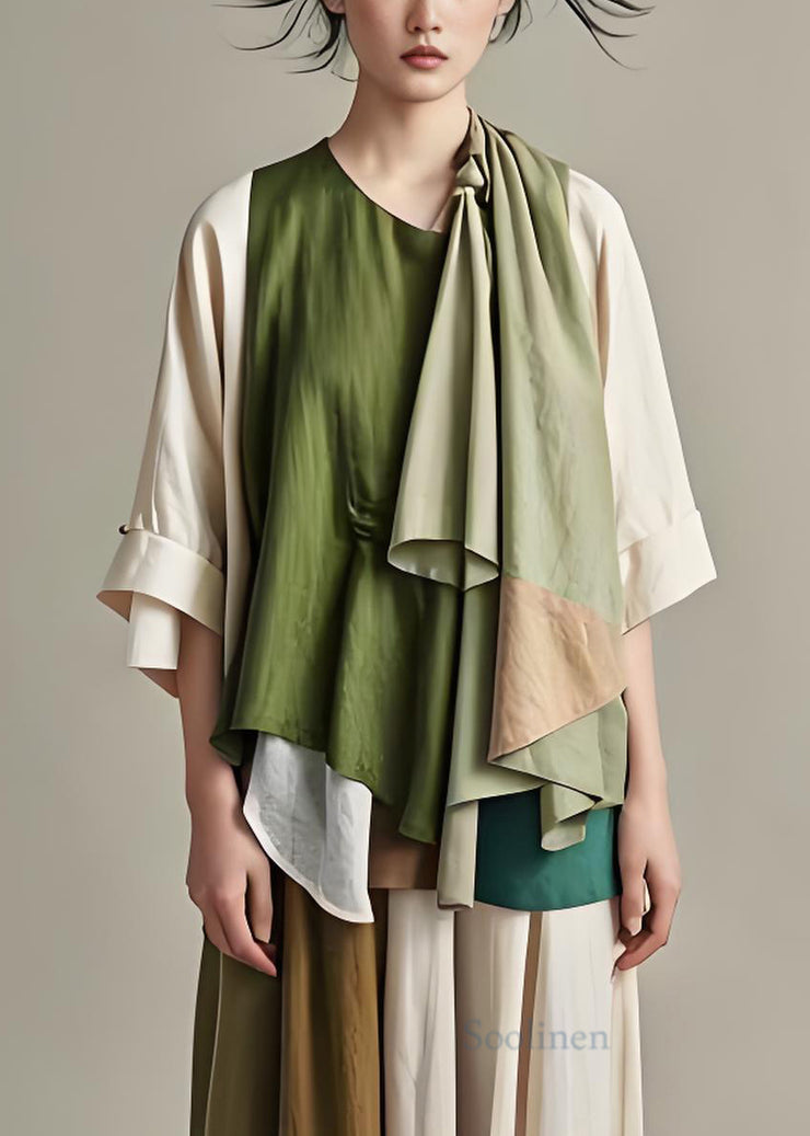 Style Colorblock Asymmetrical Patchwork Cotton Blouses Summer