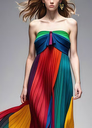 Style Colorblock Bustier Top Cold Shoulder Chiffon Strapless Pleated Dress Summer