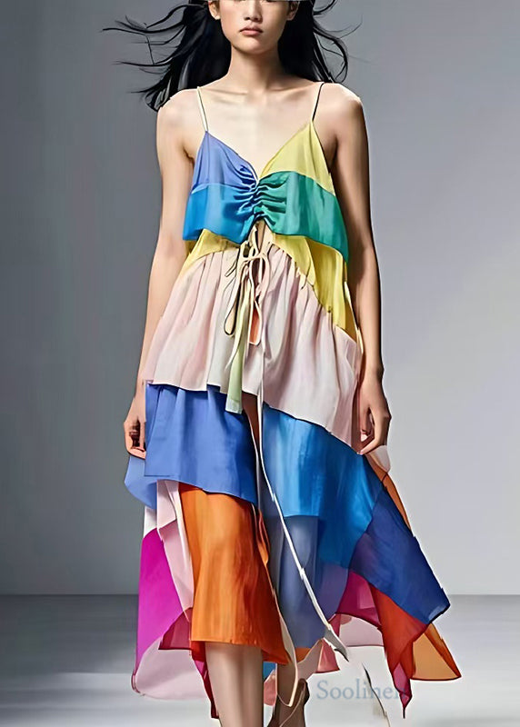 Style Colorblock Cinched Patchwork Cotton Sundress Summer