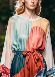 Style Colorblock Cinched Patchwork Silk Holiday Dress Petal Sleeve