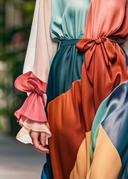 Style Colorblock Cinched Patchwork Silk Holiday Dress Petal Sleeve