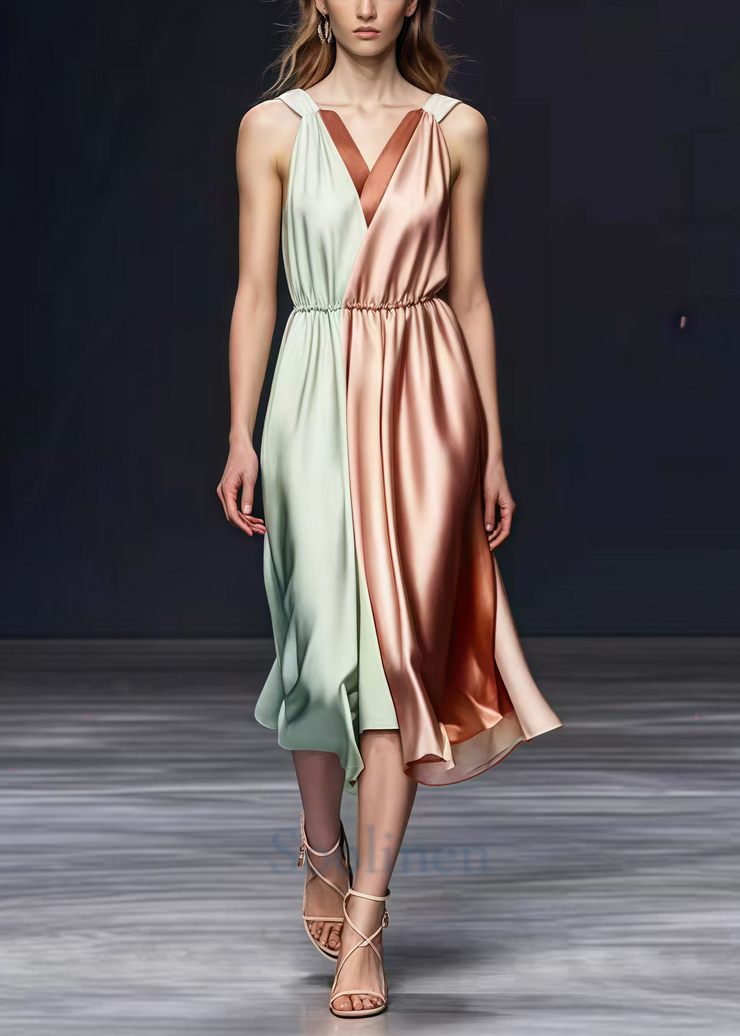 Style Colorblock Cinched Patchwork Silk Long Dresses Summer