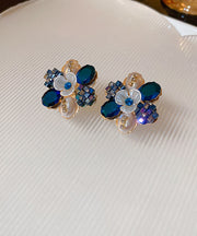 Style Colorblock Copper Pearl Zircon Floral Stud Earrings