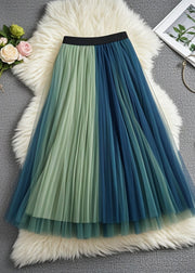 Style Colorblock Elastic Waist Patchwork Tulle Pleated Skirts Fall