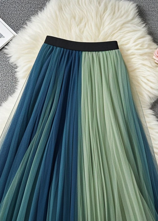 Style Colorblock Elastic Waist Patchwork Tulle Pleated Skirts Fall