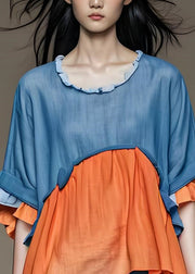 Style Colorblock Low High Design Cotton Top Butterfly Sleeve