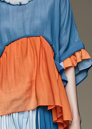 Style Colorblock Low High Design Cotton Top Butterfly Sleeve