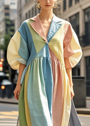 Style Colorblock Notched Collar Striped Cotton Dress Puff Sleeve