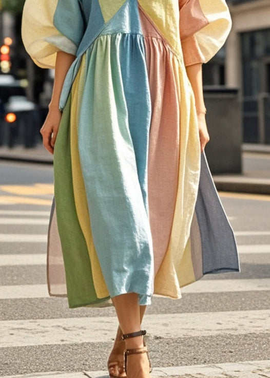 Style Colorblock Notched Collar Striped Cotton Dress Puff Sleeve