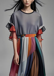 Style Colorblock O Neck Patchwork Chiffon Dresses Summer