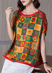 Style Colorblock O Neck Print Patchwork Silk T Shirt Tops Summer