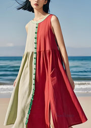 Style Colorblock O Neck Wrinkled Cotton Dresses Sleeveless