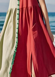 Style Colorblock O Neck Wrinkled Cotton Dresses Sleeveless