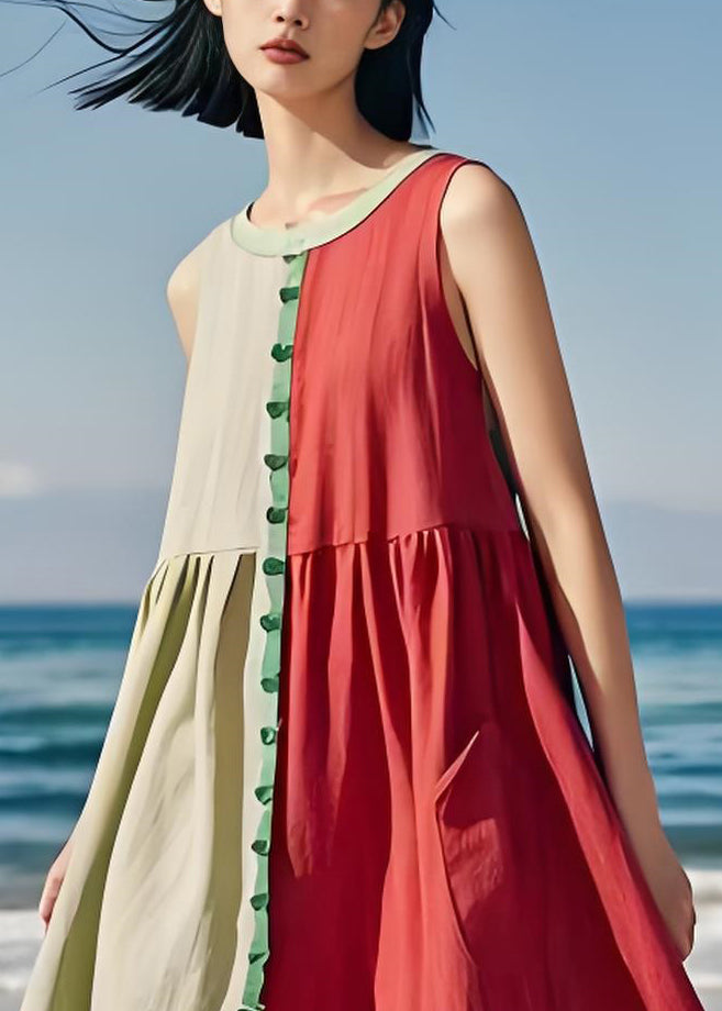 Style Colorblock O Neck Wrinkled Cotton Dresses Sleeveless