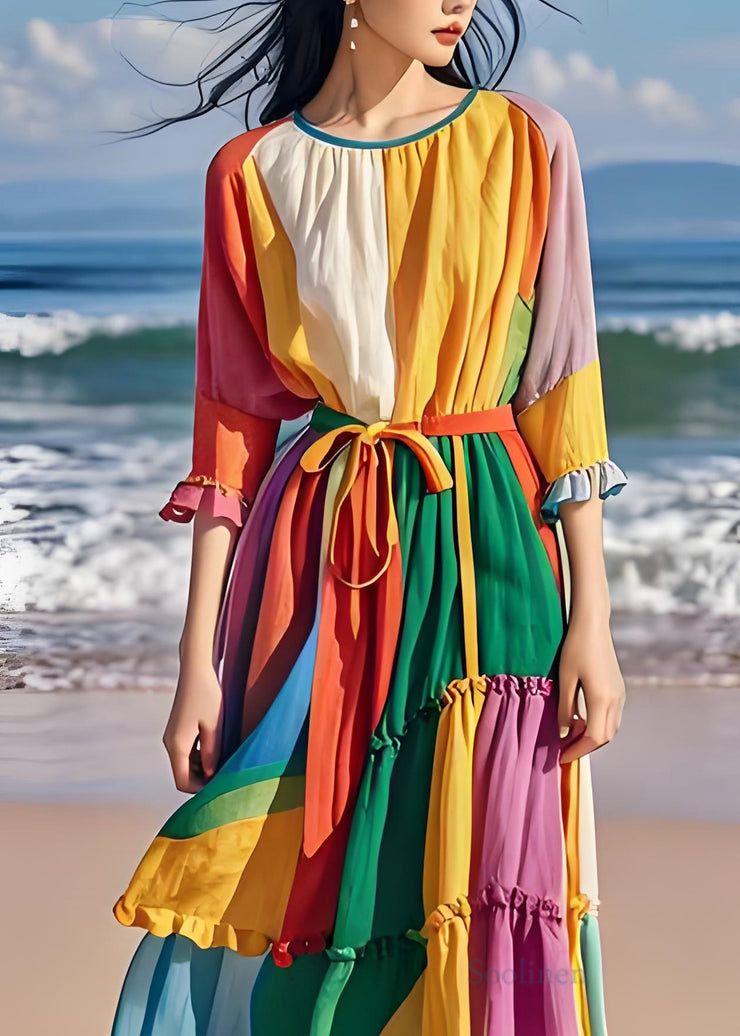 Style Colorblock Ruffled Asymmetrical Design Patchwork Cotton Dresses Summer