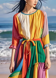 Style Colorblock Ruffled Asymmetrical Design Patchwork Cotton Dresses Summer