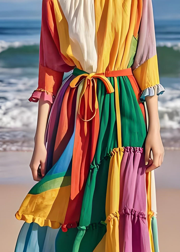 Style Colorblock Ruffled Asymmetrical Design Patchwork Cotton Dresses Summer