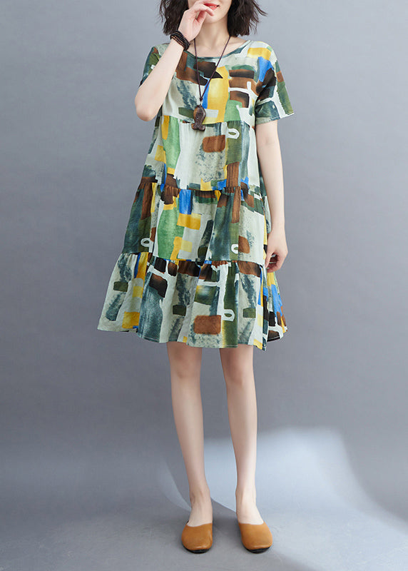 Style Colorblock Ruffled Patchwork Mid Dress Short Sleeve