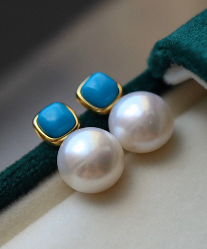 Style Colorblock Sterling Silver Overgild Pearl Turquoise Stud Earrings