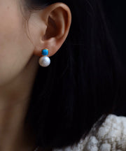 Style Colorblock Sterling Silver Overgild Pearl Turquoise Stud Earrings