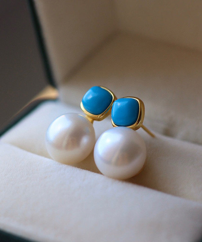 Style Colorblock Sterling Silver Overgild Pearl Turquoise Stud Earrings