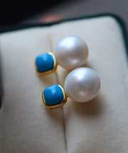 Style Colorblock Sterling Silver Overgild Pearl Turquoise Stud Earrings