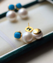 Style Colorblock Sterling Silver Overgild Pearl Turquoise Stud Earrings