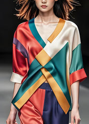 Style Colorblock V Neck Cross Patchwork Silk Top Summer