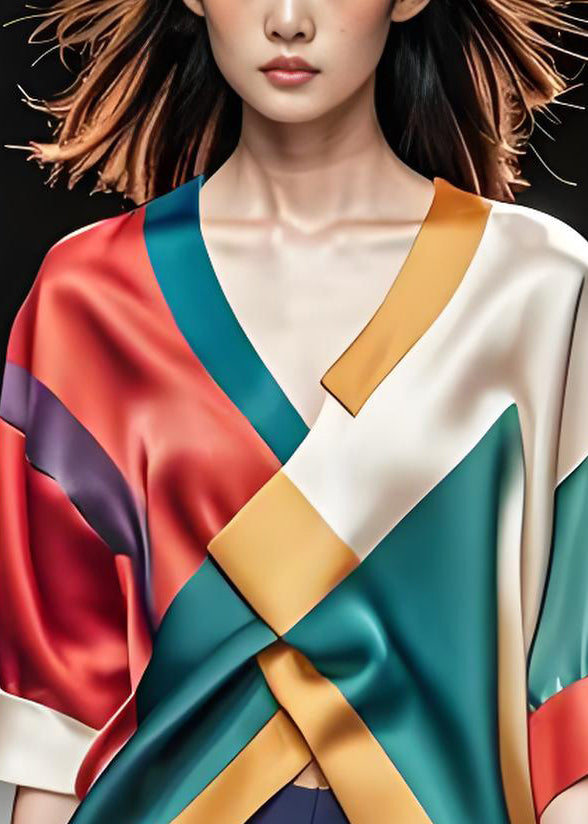 Style Colorblock V Neck Cross Patchwork Silk Top Summer