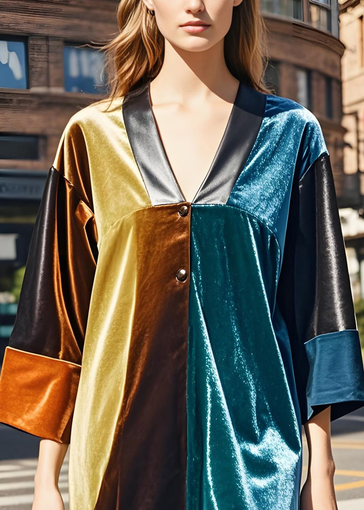 Style Colorblock V Neck Patchwork Velvet Vacation Dresses Fall