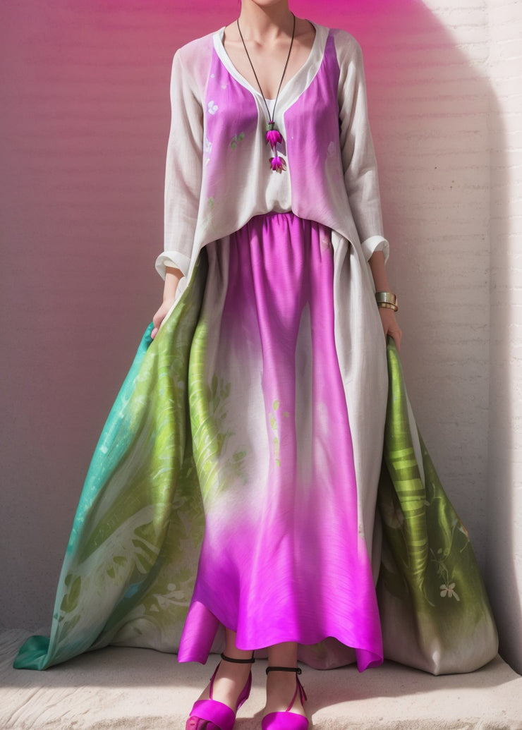 Style Colorblock V Neck Print Patchwork Silk Dresses Long Sleeve
