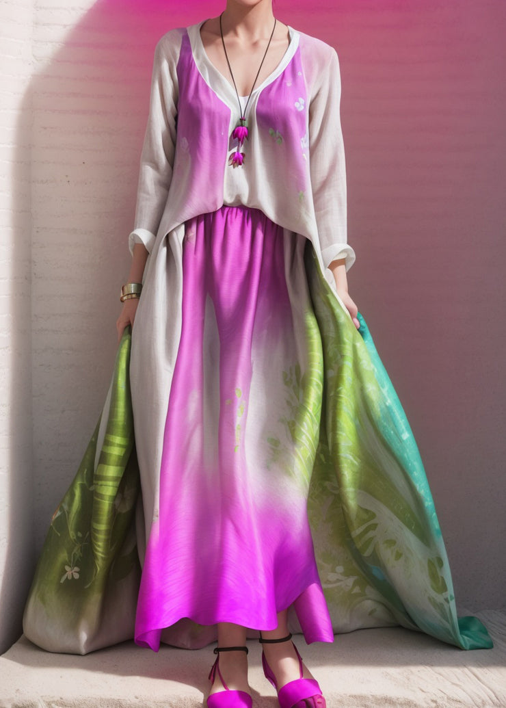 Style Colorblock V Neck Print Patchwork Silk Dresses Long Sleeve